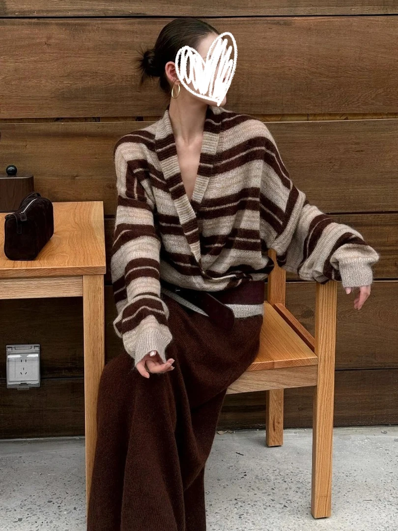 美拉德复古ootd穿搭韩系毛衣秋冬季新款咖色条纹针织衫上衣00572
