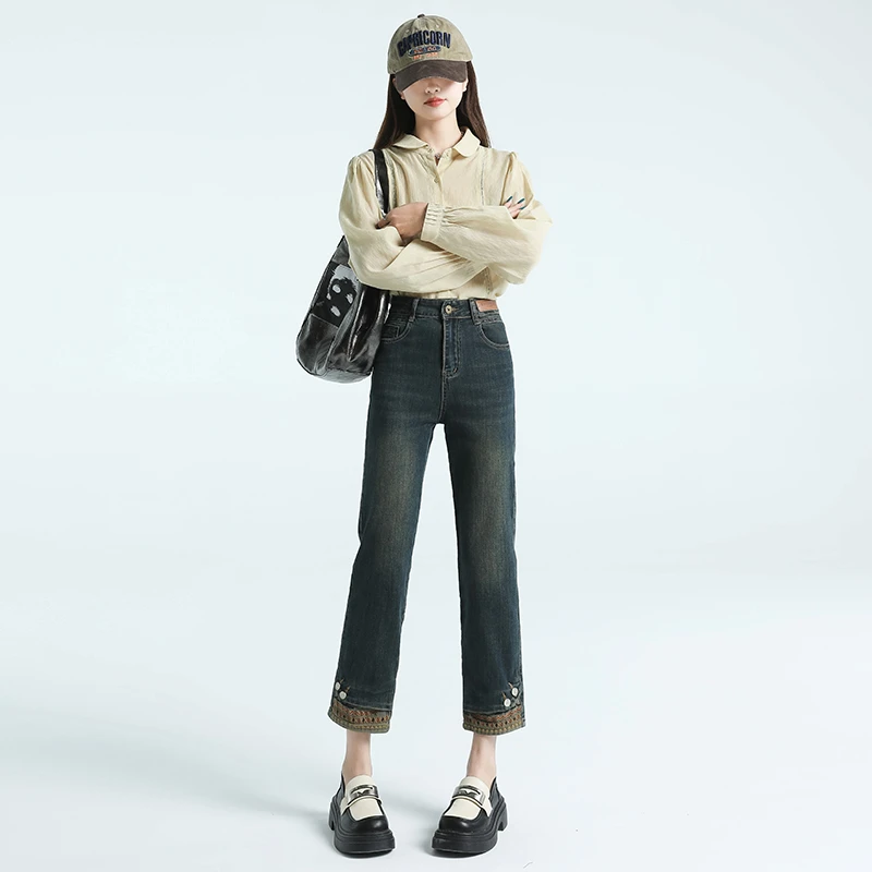 春季新款直筒牛仔裤女2025年高腰显瘦百搭刺绣女装九分烟管裤女裤