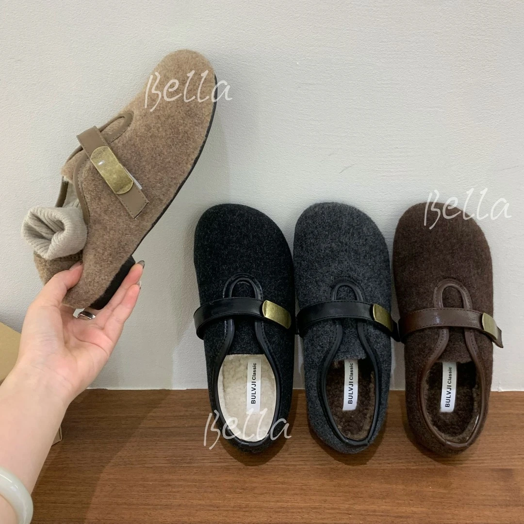 秋冬季加绒棉鞋平软底保暖玛丽珍豆豆鞋加厚底毛呢毛毛鞋女外穿女