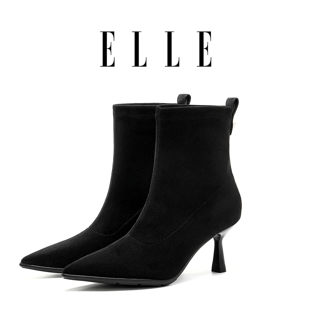 ELLE洋气尖头时尚瘦瘦靴女2025秋冬季绒面欧美细跟弹力靴百搭短靴
