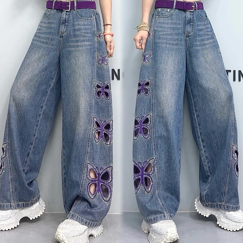 原创设计蝴蝶弯刀牛仔裤女2025夏季新款宽松百搭弯刀休闲裤-1588