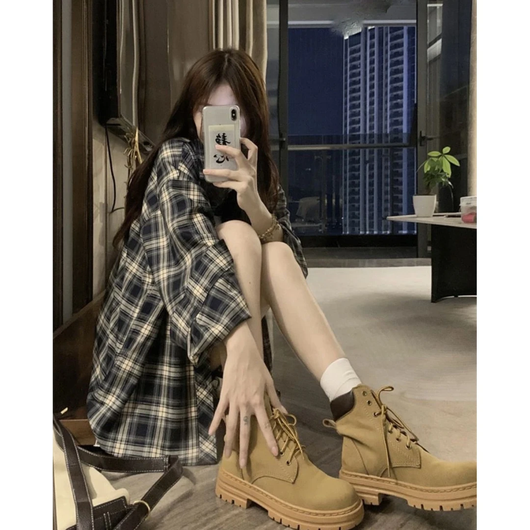 幂式秋季新款复古格纹衬衫女休闲外套长袖小众宽松衫衬衣港味
