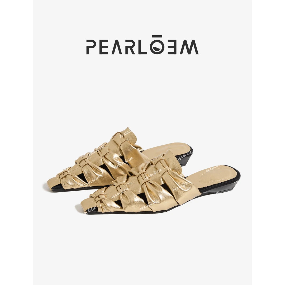 PEARLOEM 夏季新款法式蝴蝶结镂空包头一脚蹬平跟凉鞋XQ856