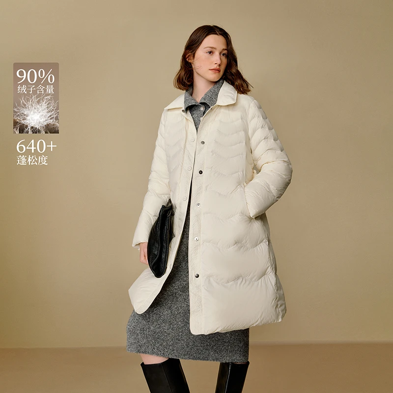 【中国好羽绒】茵曼25冬季翻领波浪纹羽绒服显瘦修身保暖长款外套