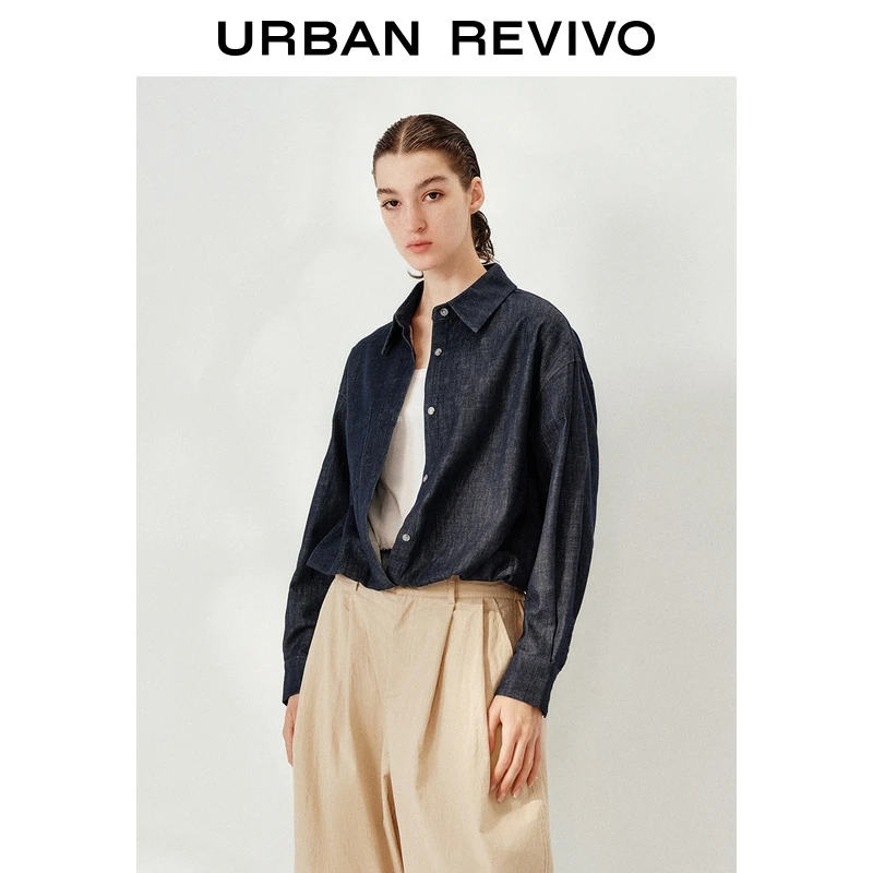UR2026春季新款女装高智精英褶皱短款牛仔衬衫UWM850211