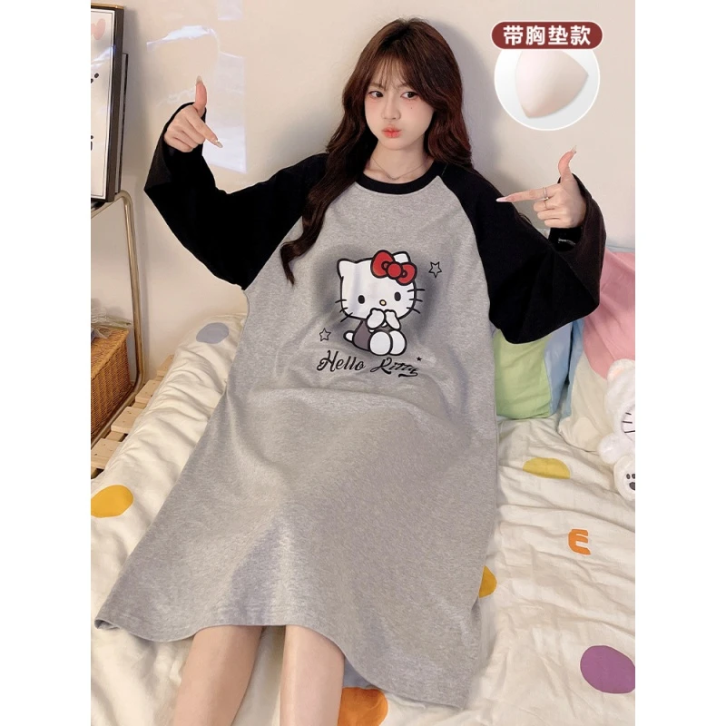 女大童睡裙长袖带胸垫2025新款秋冬季初中生女孩防凸点青少年睡衣