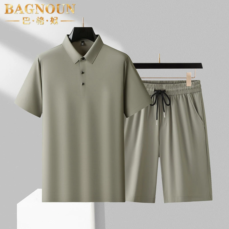 巴格奴休闲运动套装男士夏季新款时尚冰丝中年装polo衫短裤两件套
