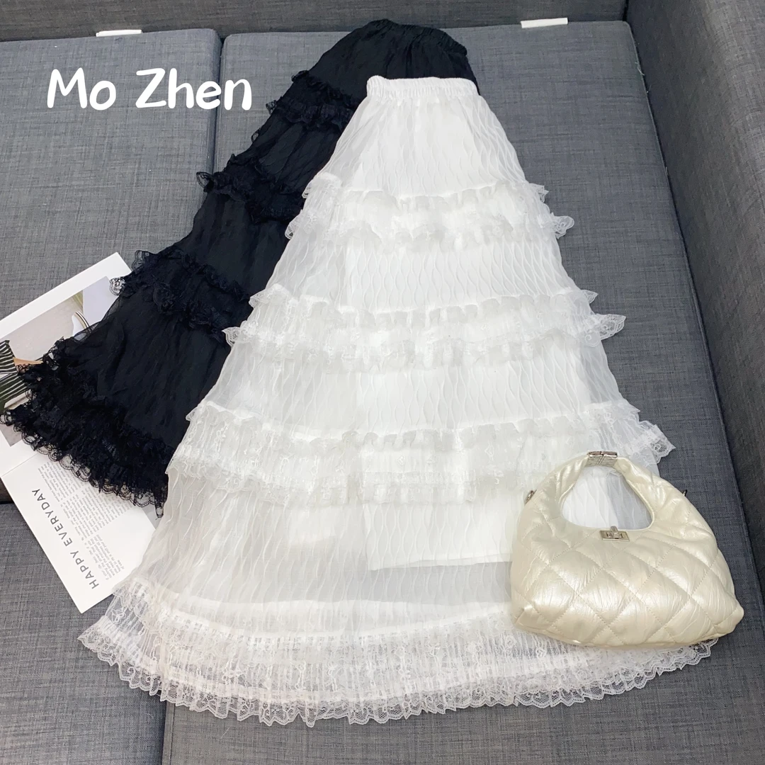 【墨臻女装】2025年春夏洋气lolitaA字裙蕾丝高腰中长款半身裙 2511