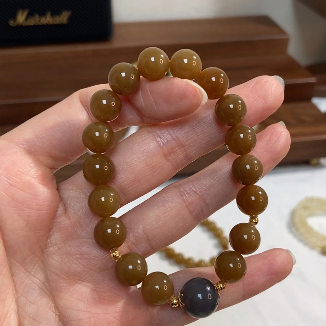 和田玉18K金镶嵌手链10mm且末糖红糖