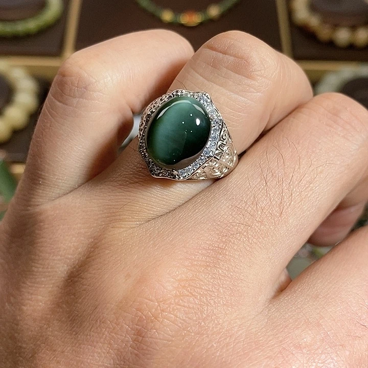 【闪购商品】银S925镶嵌戒指和田玉（碧玉）