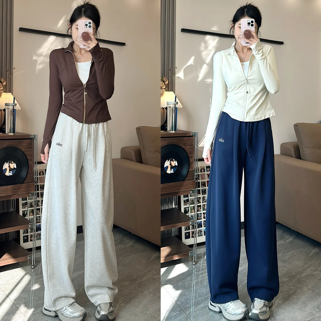 美式刺绣运动卫裤女2025年秋季新款高腰直筒宽松显瘦小个子阔腿裤