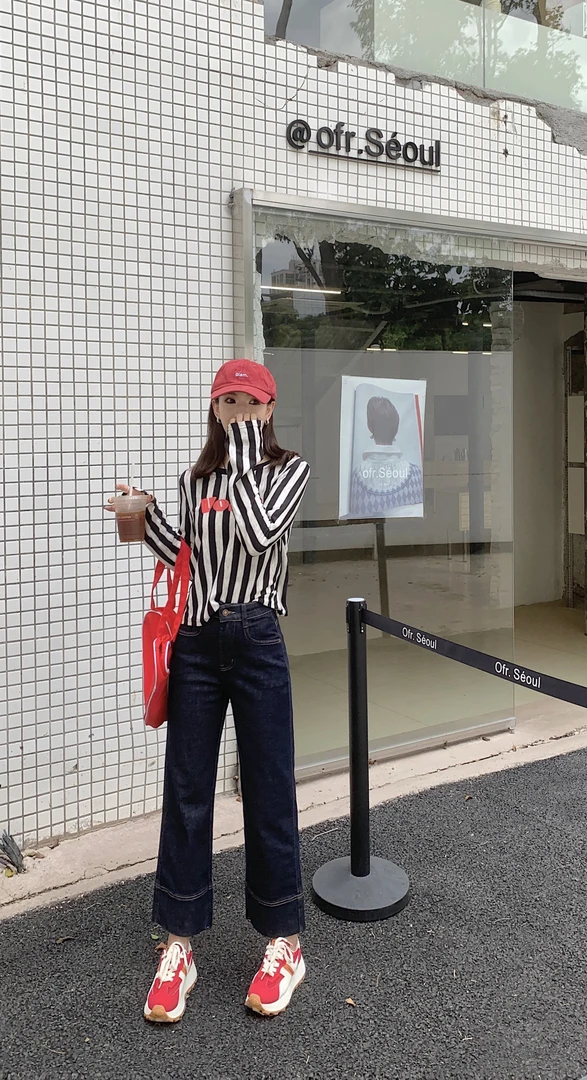 DXW防褪色蓝色宽边脚直筒九分牛仔裤女