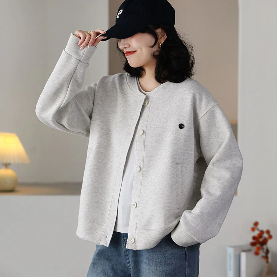 灰色卫衣外套女开衫棒球服圆领百搭新款韩版长袖休闲