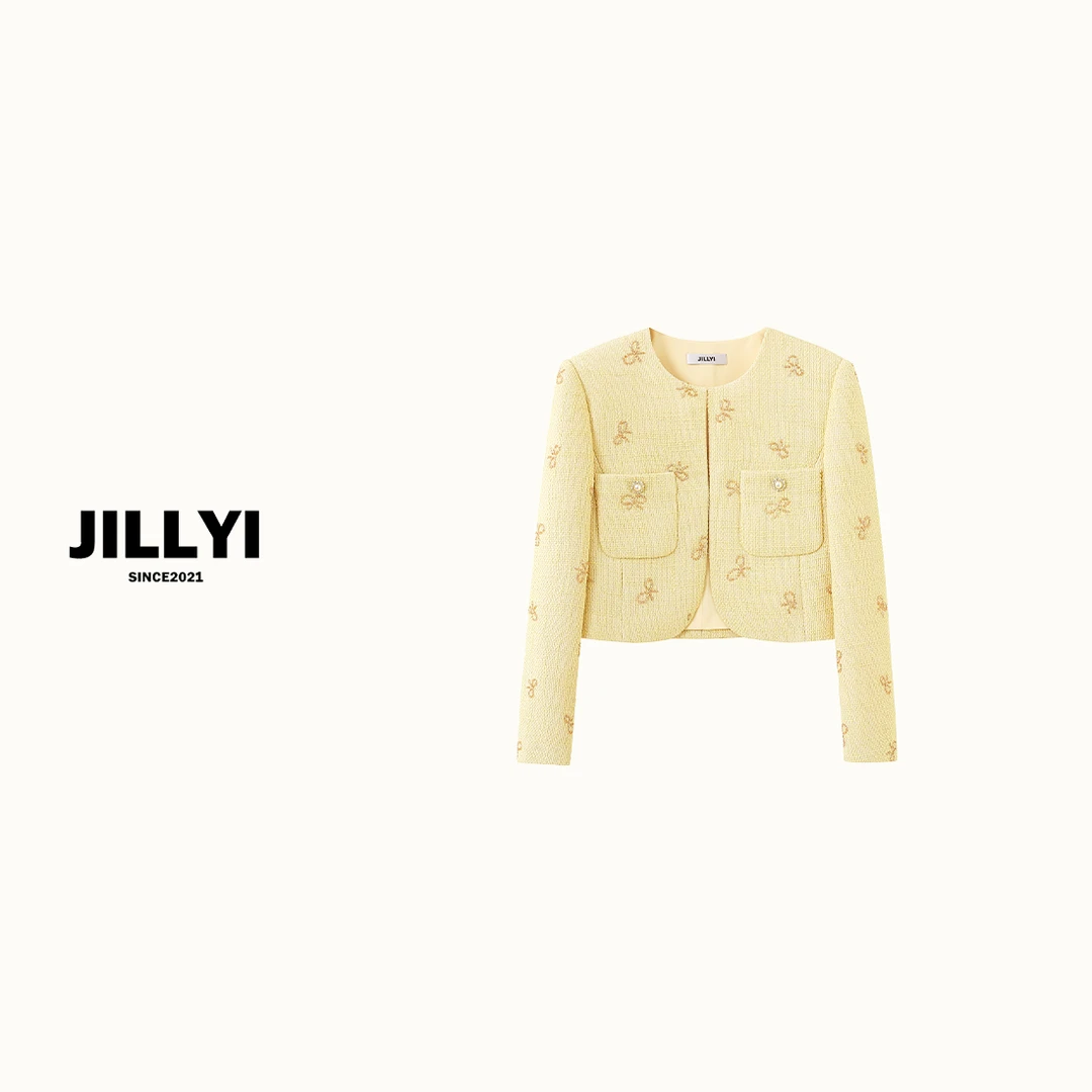 JILLYI珠海店【午后阳光】香槟色圆领蝴蝶图案时尚宽松型气质外套