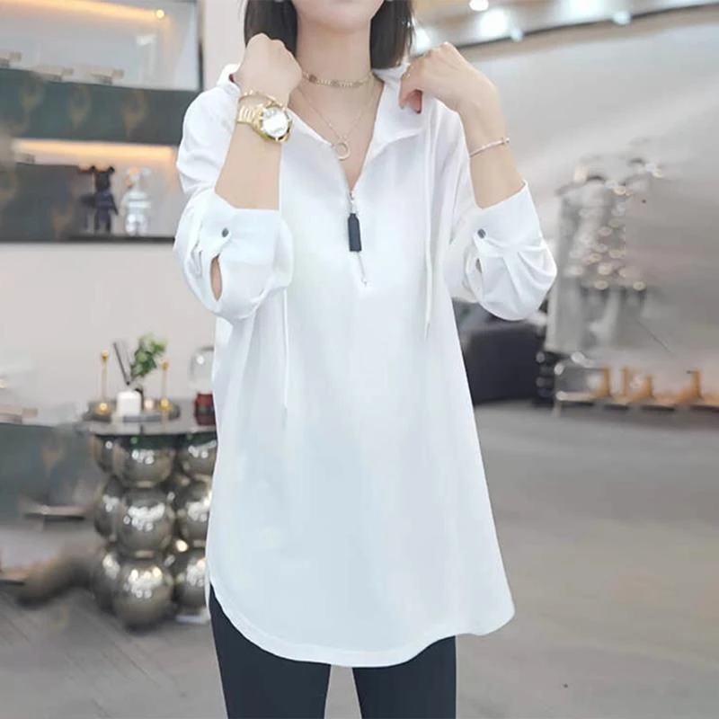 哥弟阿玛施正品白色半拉链连帽卫衣女士春季新款大码胖mm爆款中长