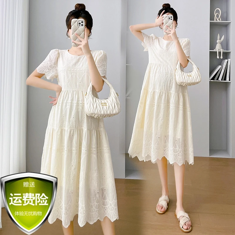 恩朵熊孕妇装夏季新款2025高级感刺绣气质辣妈孕妇中长款连衣裙