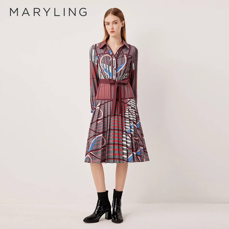 MARYLING玛俪琳2025秋季新品艺术感衬衫式长款连衣裙A1FGW61410