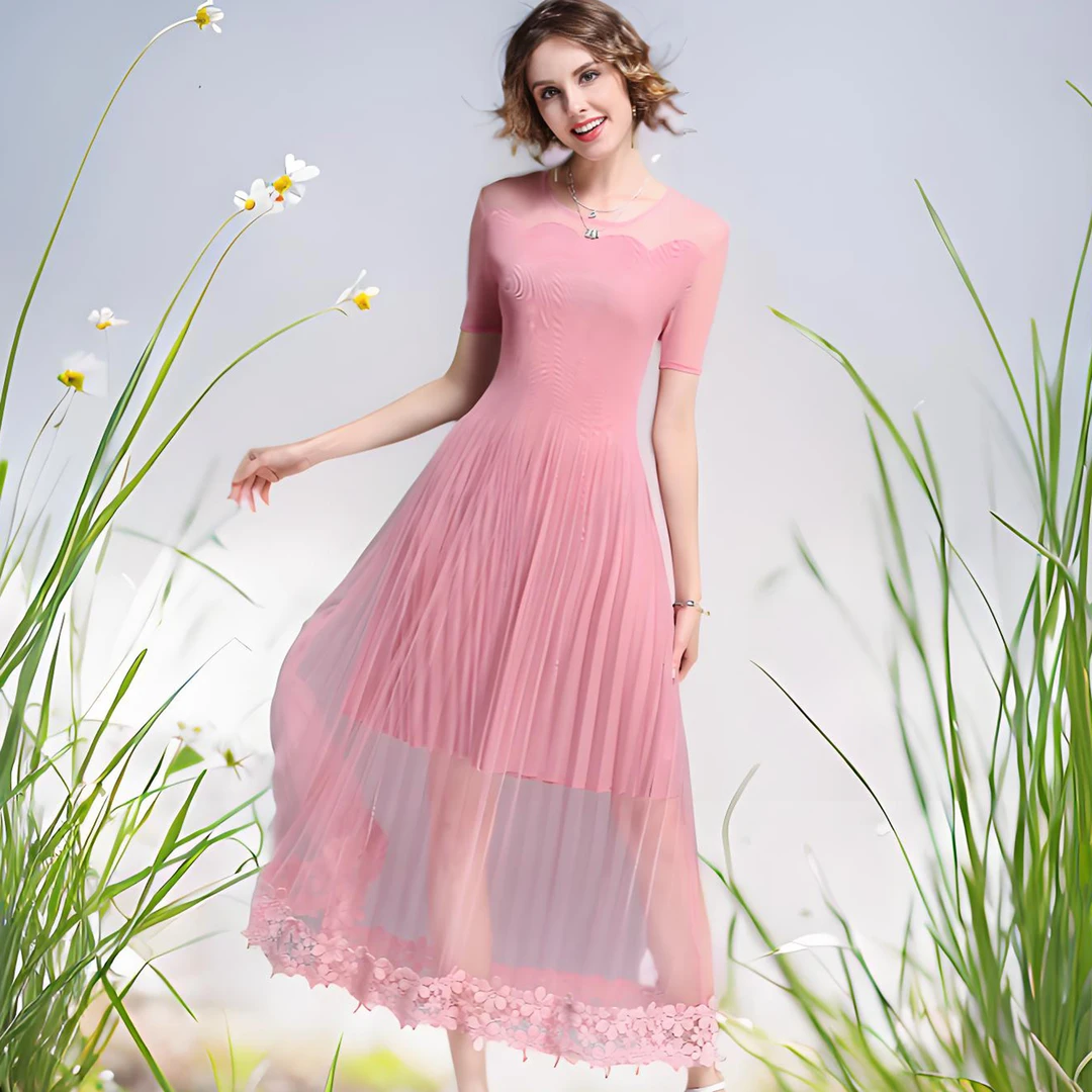 夏季正品褶皱垂坠感网纱透视短袖连衣裙大摆仙女飘逸高个子长裙