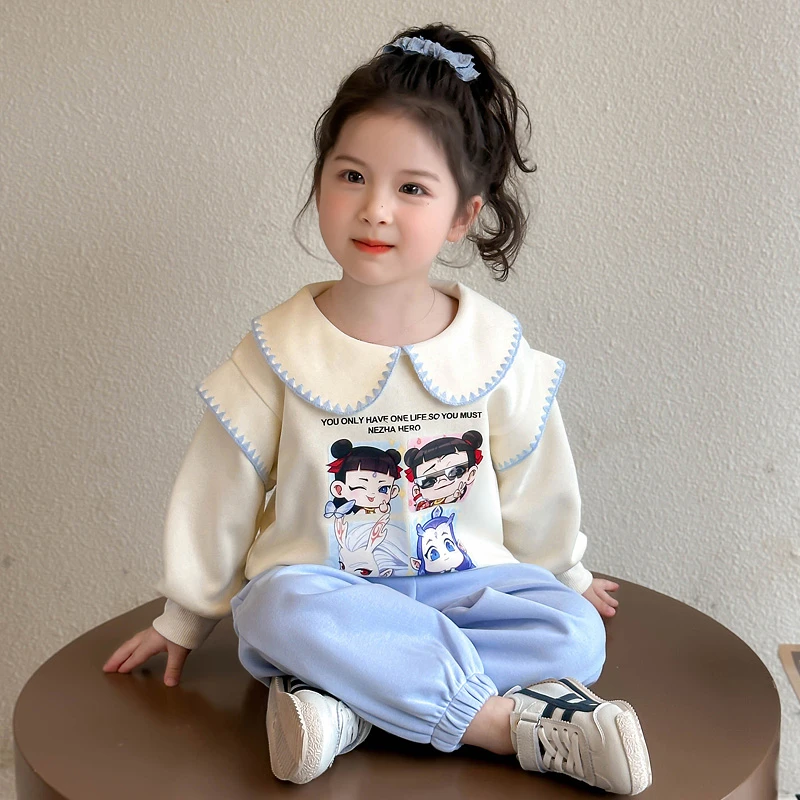 哪吒女宝衣服秋装女童娃娃领卫衣套装敖丙儿童服装发光带闪亮灯款