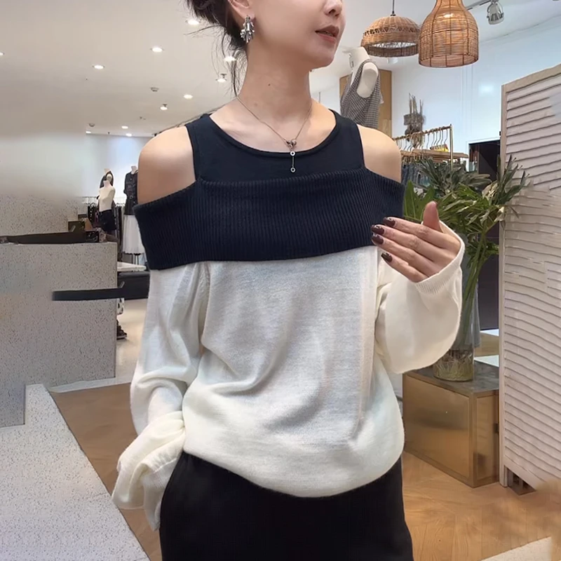 2025秋季新款女士长袖针织衫时尚减龄宽松显瘦假两件撞色露肩上衣