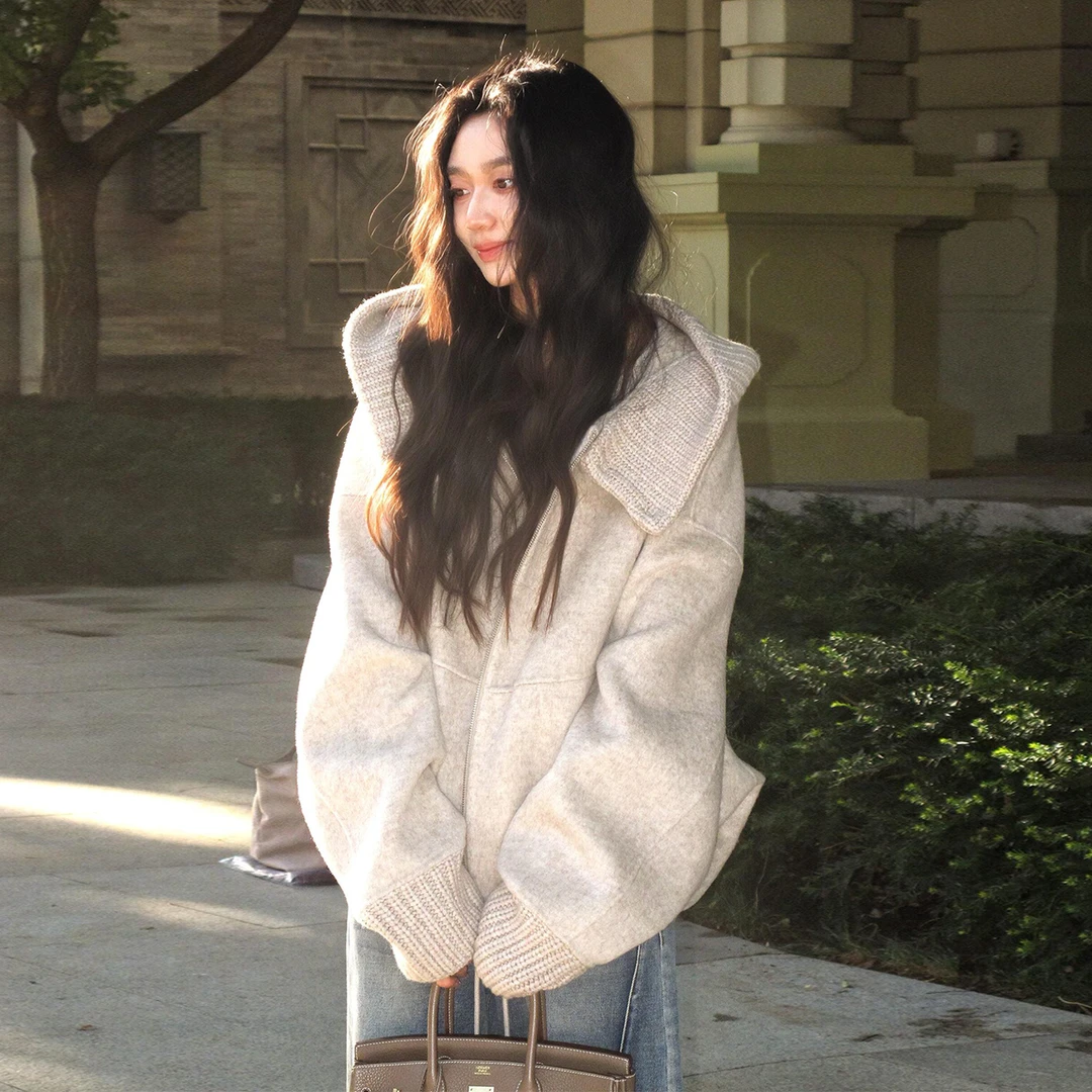 韩系秋冬季穿搭针织开衫女软糯短款拉链毛衣外套高级感小个子上衣