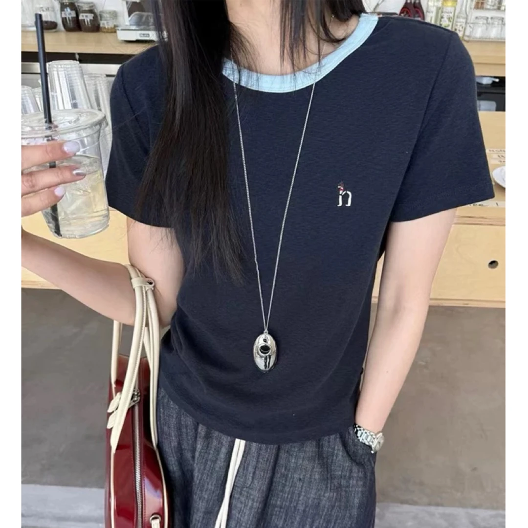 B073春夏卡通刺绣圆2025领拼色短袖正肩T恤女显瘦百搭短上衣潮