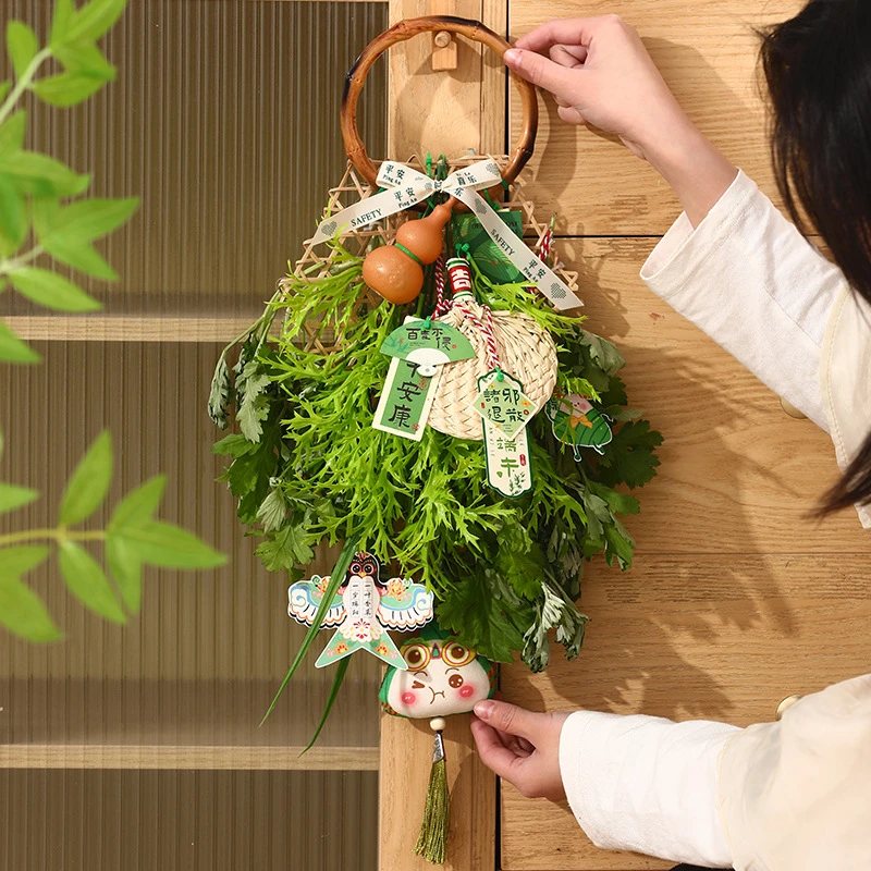 节日氛围布置手工制作艾草花束竹编挂饰场景装饰品端午门挂