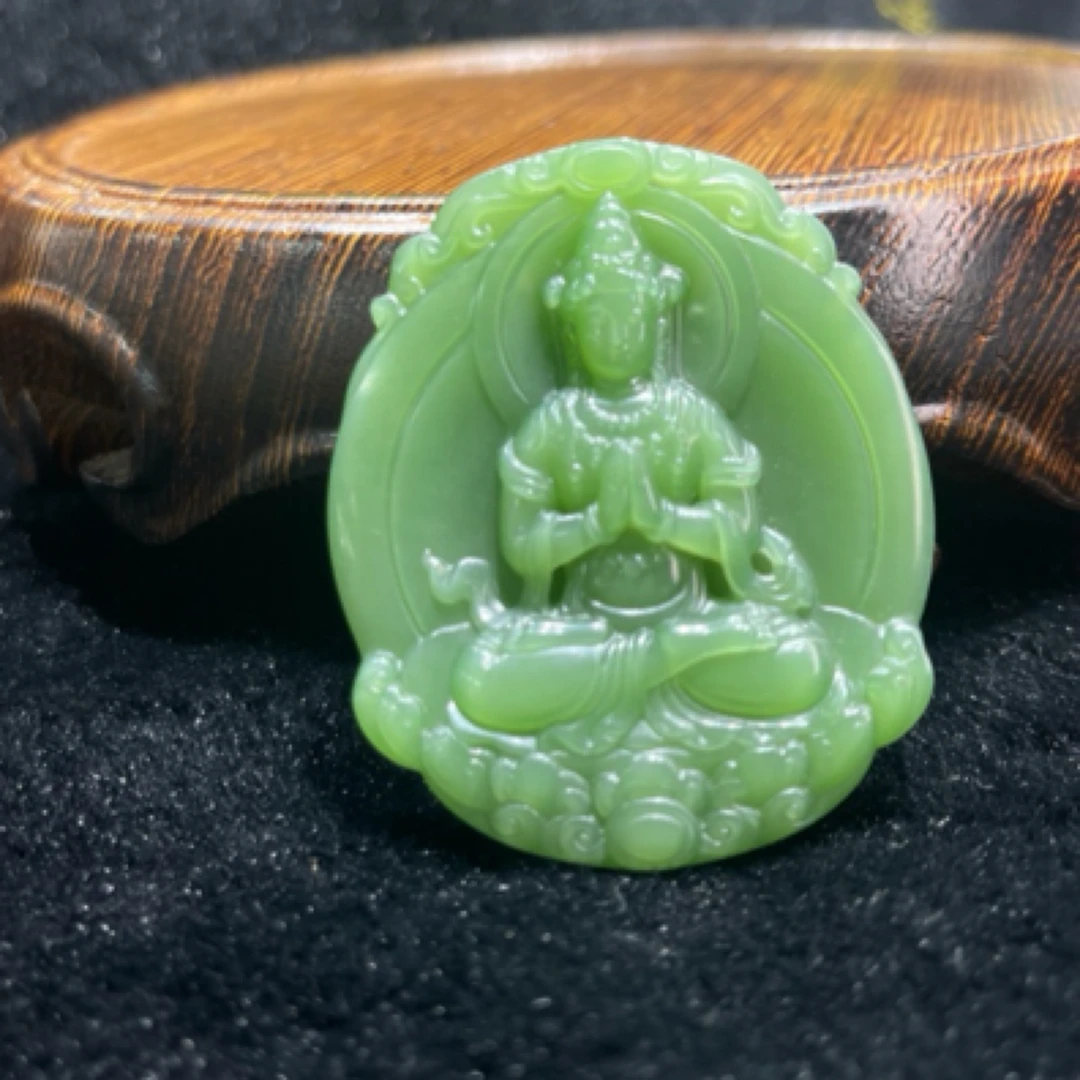 坐莲合十观绿碧玉老坑料带证书配绳礼盒鉴定证书