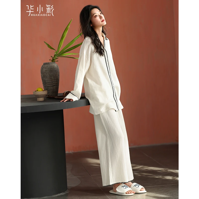2025新款睡衣女春秋季纯棉纱布长袖白色宽松高级感家居服全棉套装