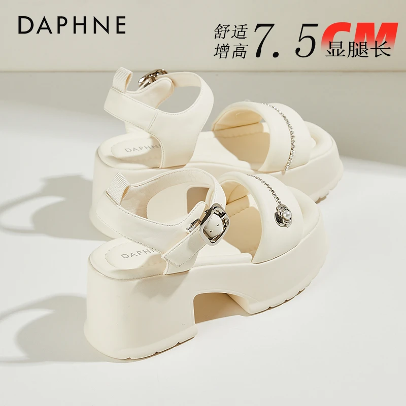 达芙妮7.5CM高跟凉鞋女2025夏季新款一字带配裙子粗跟厚底沙滩鞋