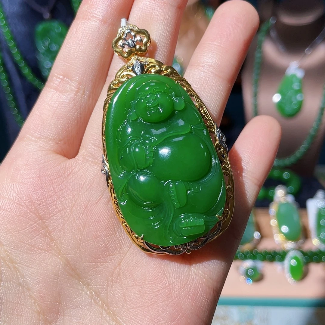和田玉（碧玉）18K金镶嵌吊坠(不含链)
