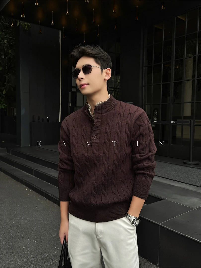 轻奢老钱风「绞花编织假两件」冬季重磅套头亨利领毛衣慵懒感针织衫