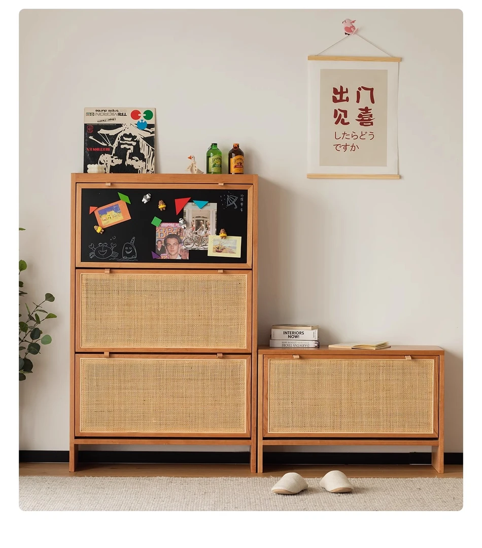 北欧实木鞋柜家用门口超薄日式简约入户藤编玄关收纳柜