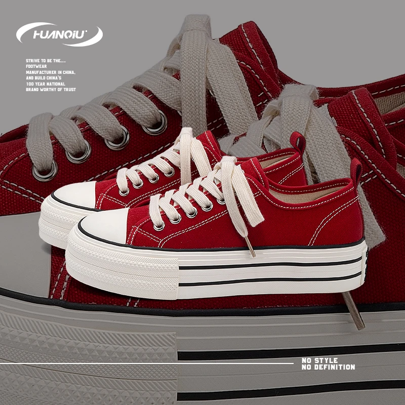 HUANQIU/环球百搭简约厚底帆布板鞋女鞋2025夏季新款红色运动休闲