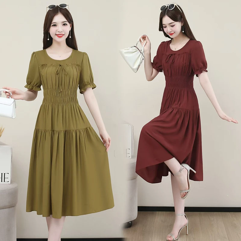 夏季时尚纯色收腰短袖连衣裙女2025新款气质减龄胖MM遮肉中长裙子