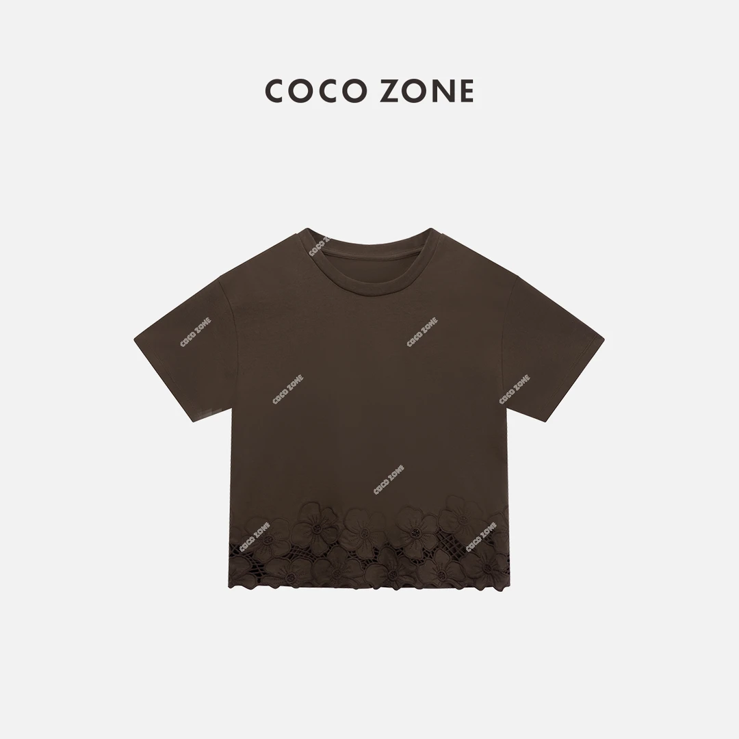 COCO ZONE 刘一一"罗曼丽“圆领简约短袖T恤花边设计上衣CC2B0981