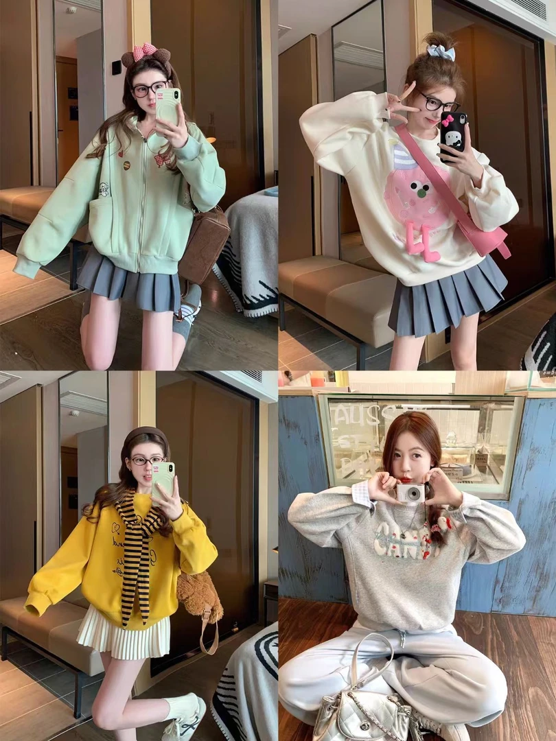 11-13韩系连帽加绒卫衣松紧腰直筒裤休闲两件套女2025秋冬一整套