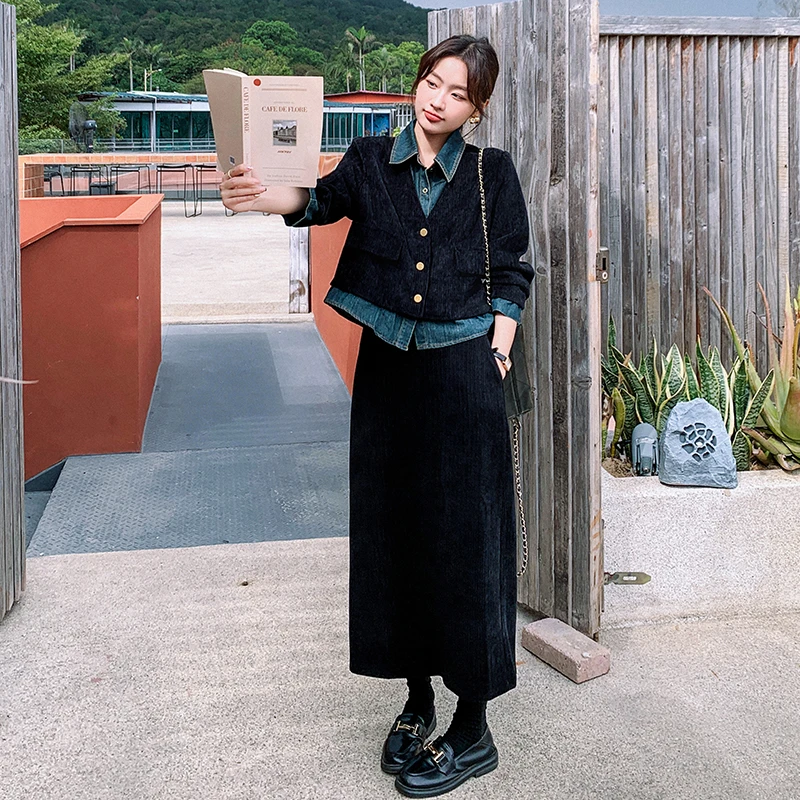 气质高级感通勤穿搭灯芯绒套装女秋2025新款小香风西装长裙两件套