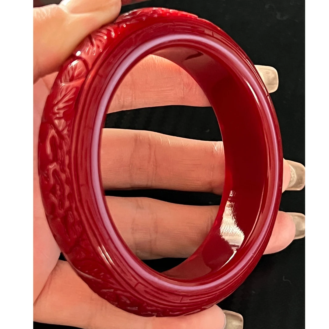 非金属珐琅手镯 红色  牡丹雕花手镯