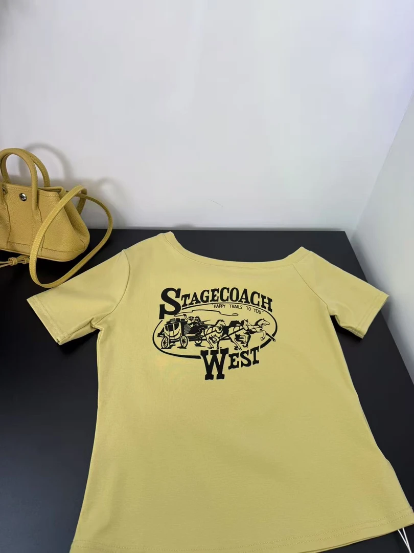 2886【蝶谷】2025夏季气质设计感斜肩短袖T恤女