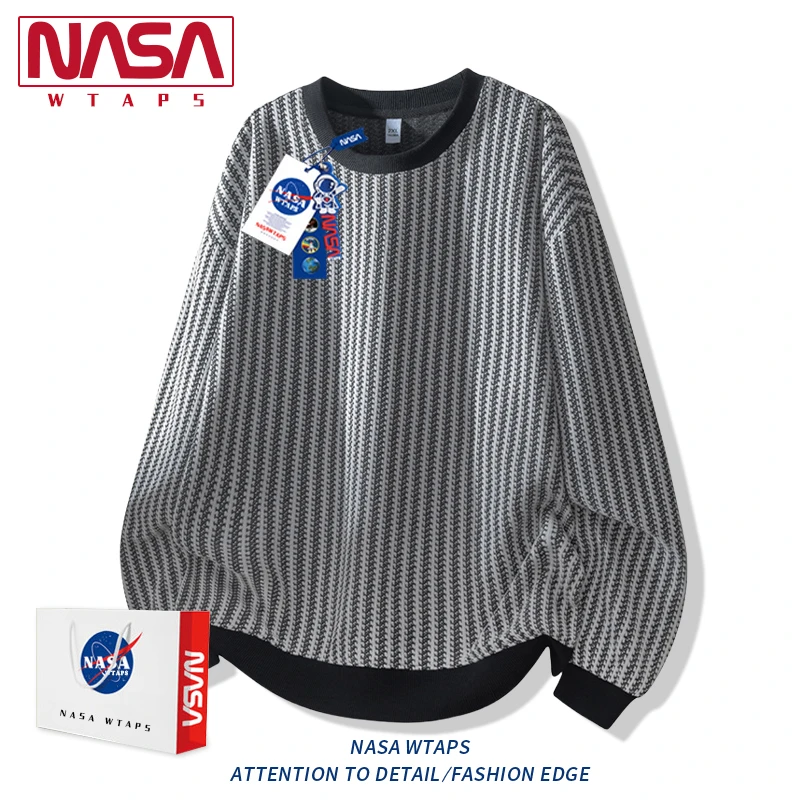 NASA WTAPS圆领卫衣男春秋季高级感美式复古条纹重磅休闲长袖上衣