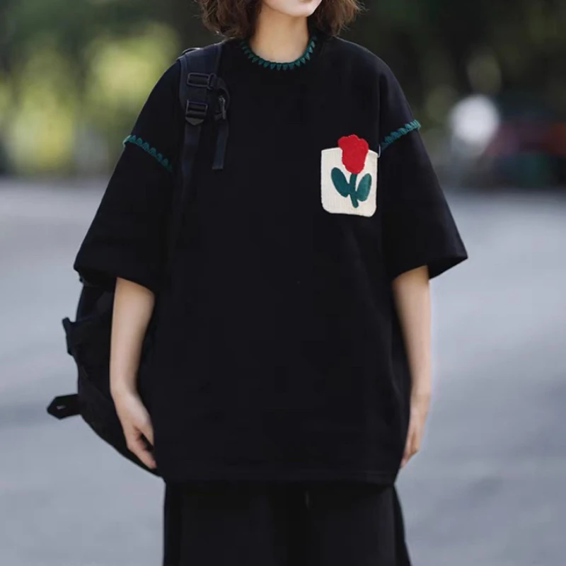 日系复古贴布口袋花朵短袖T恤男夏季休闲上衣男女