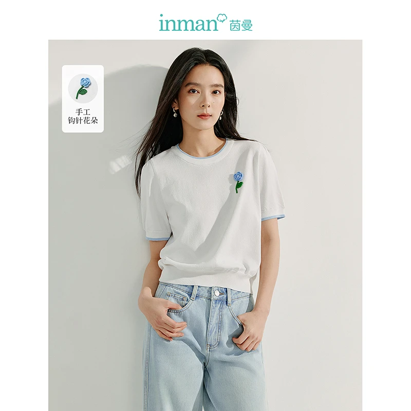 【欧若假日风】茵曼秋季法式短袖针织衫立体花朵圆领宽松短T恤上衣