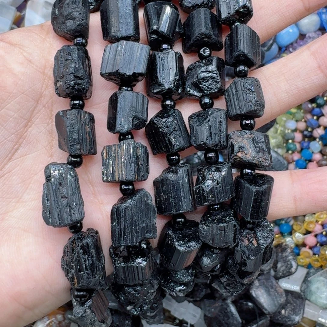 玛瑙/玉髓合金珠宝半成品12黑碧玺原石小桶珠一条