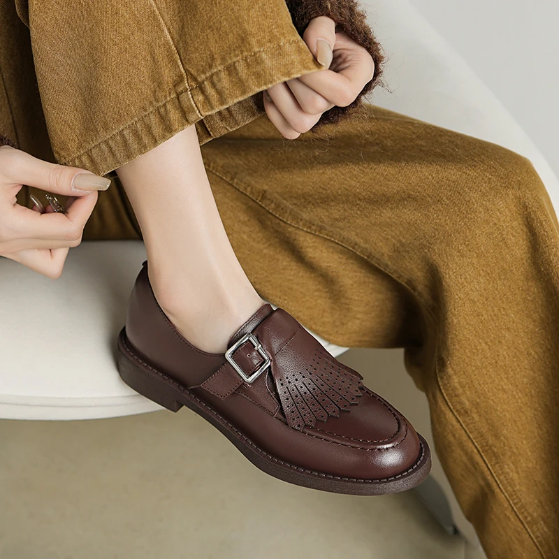 菓苒3cm低跟乐福鞋流苏复古单鞋棕色舒适休闲平底英伦风小皮鞋40