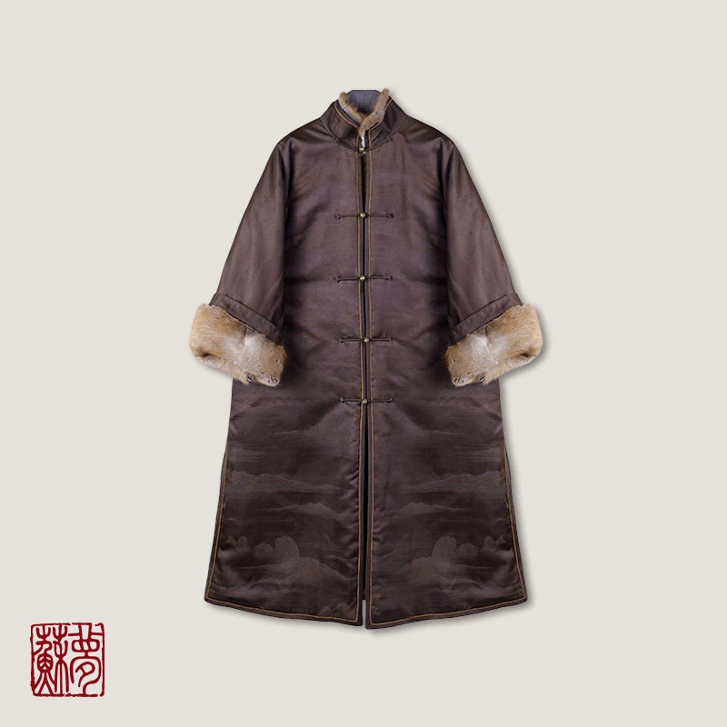 蘇夢【臻藏】深咖色香云纱老料古法立领对襟皮袄风衣外套0105283