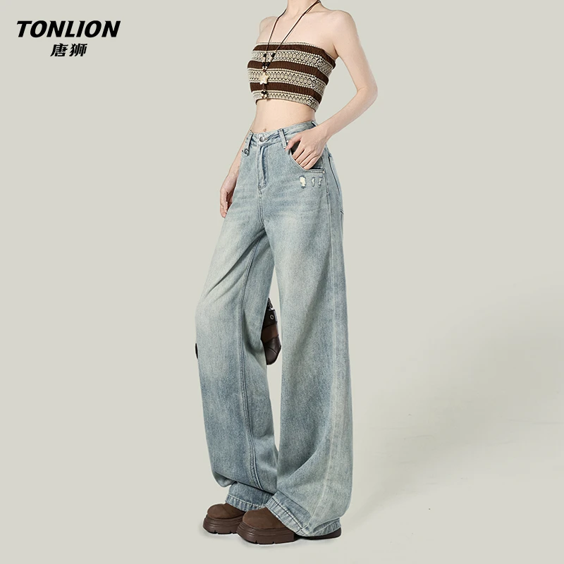 唐狮百搭浅蓝阔腿复古破洞牛仔裤女夏季美式高腰宽松窄版直筒长裤