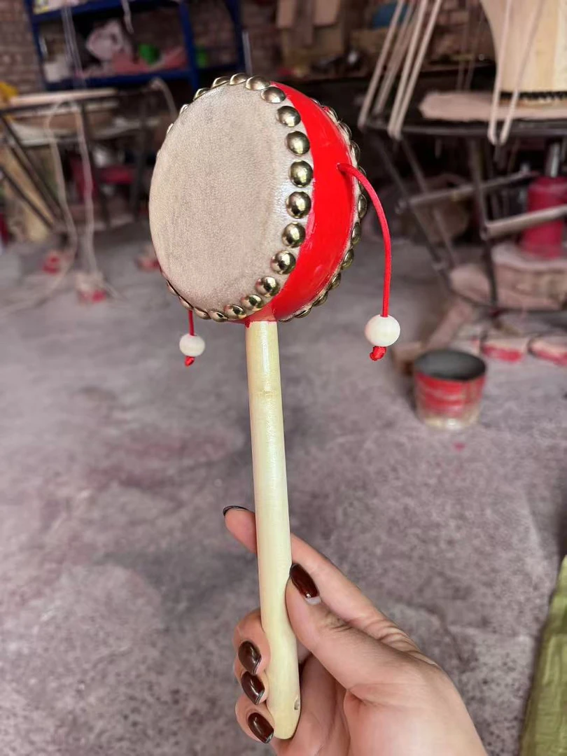 拨浪鼓怀旧玩具经典设计原木手柄牛皮货郎鼓