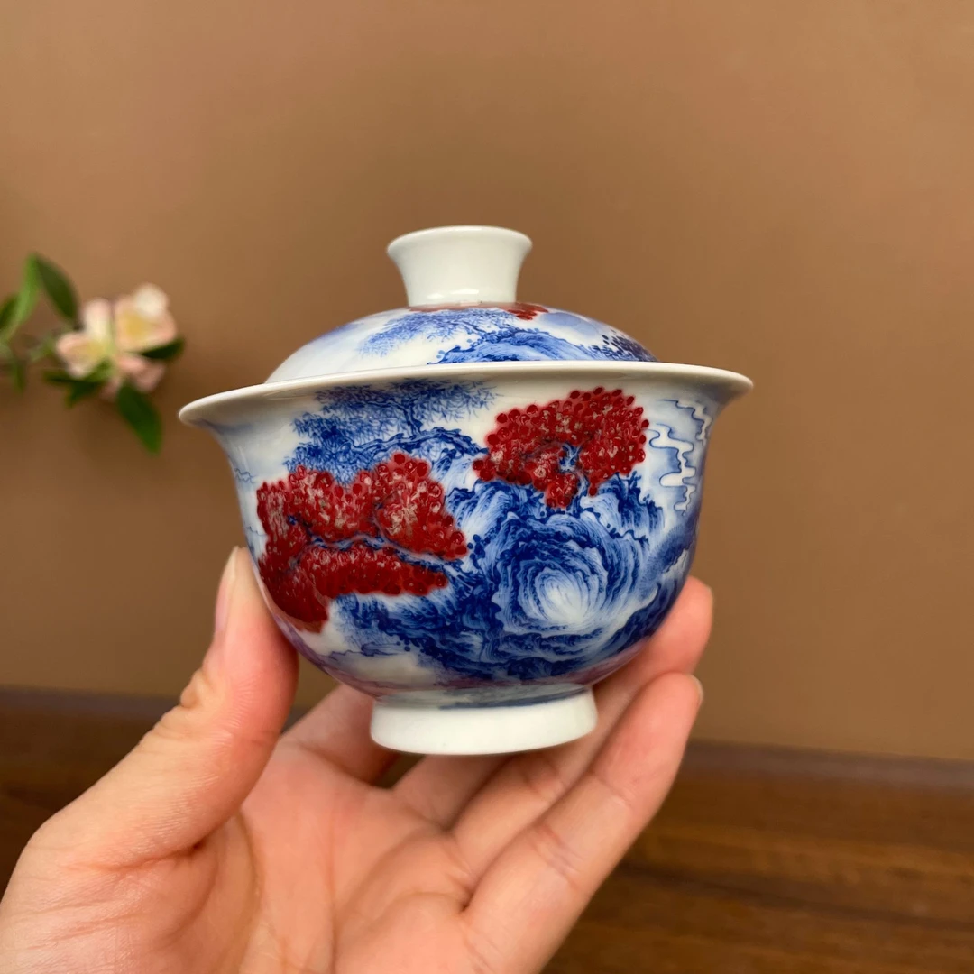 【望月御品】青花釉里红山水二才盖碗120cc 手工手绘景德镇茶具
