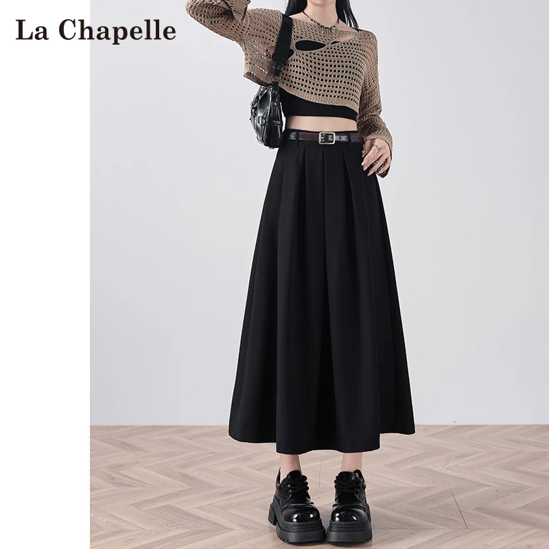 拉夏贝尔黑色西装半身裙女春季新款中长款遮胯显瘦百褶伞裙a字裙